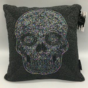 Halloween Iridescent Sugar Skull Black Beaded Throw Pillow Day of the Dead 14x14
